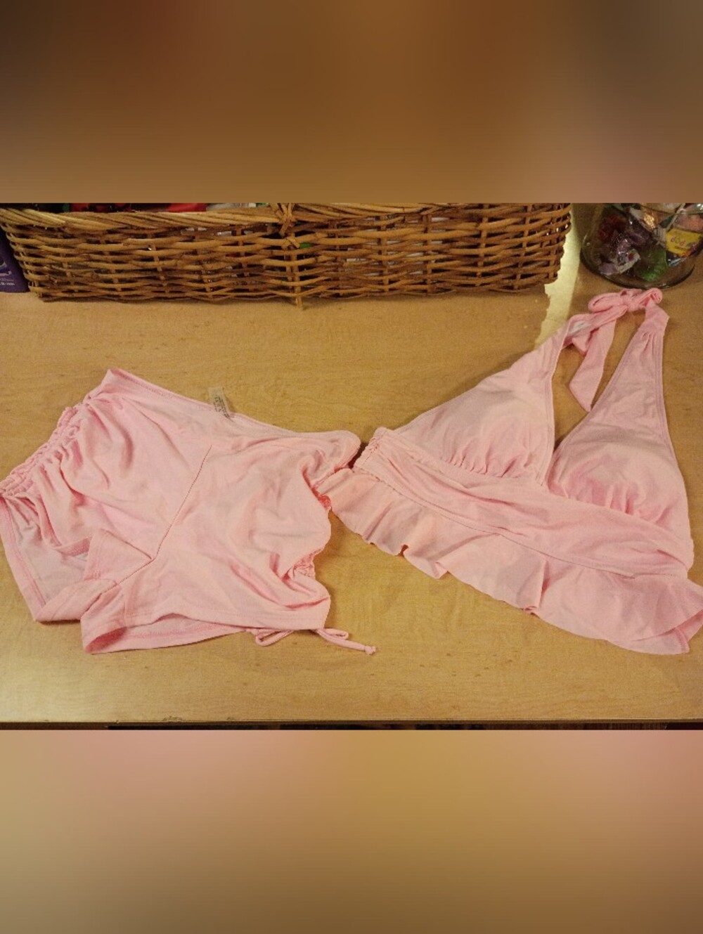 Soft Pink Women's Ruffled Bralette -And Boy Bottoms Bikini Set